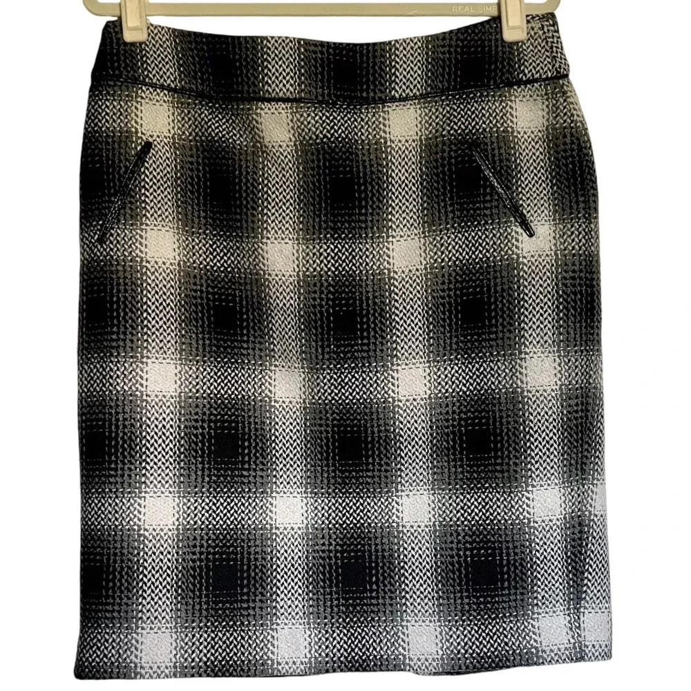 Cynthia Rowley Black Plaid Tweed Pencil Skirt Wool Blend Size‎ 10 Academia